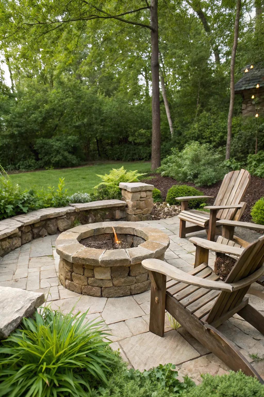 A stone fire pit creates a cozy gathering spot in your backyard forest.