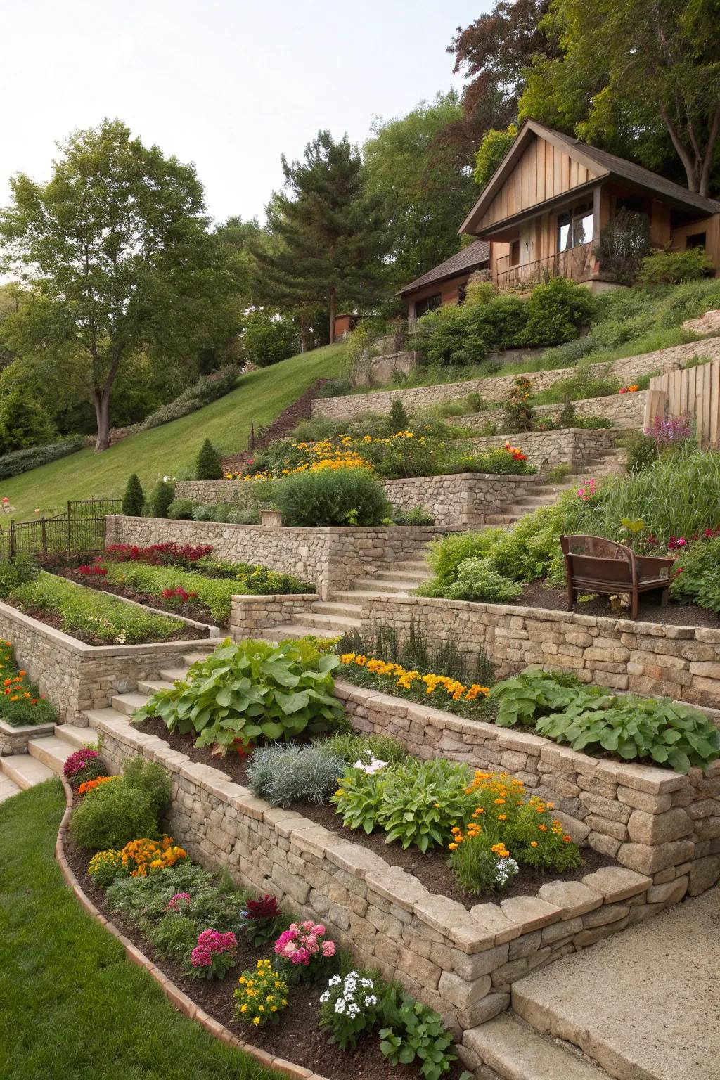 Terraced gardens transform a sloped backyard into a beautiful and efficient space.