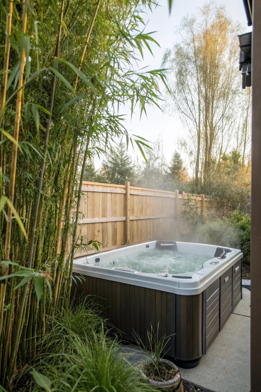 Bamboo stalks fashioned into a natural privacy screen around a comfortable hot tub.
