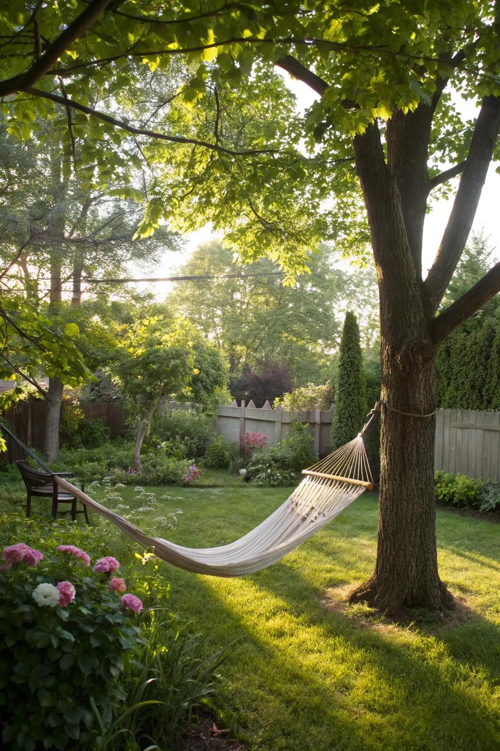 A serene hammock setting in a vibrant backyard, perfect for ultimate relaxation.
