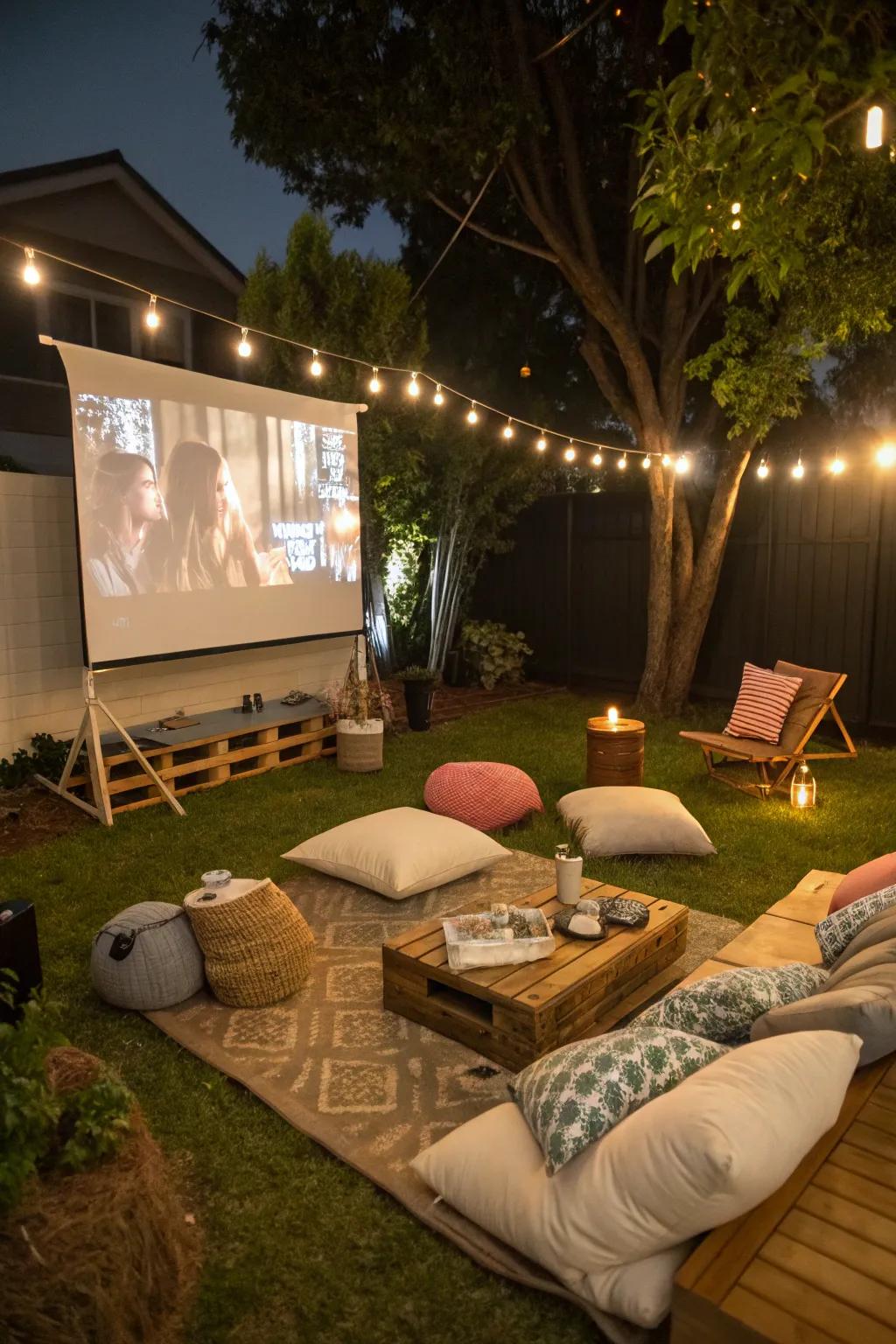 Blend various seating styles for ultimate relaxation during your garden movie gathering.