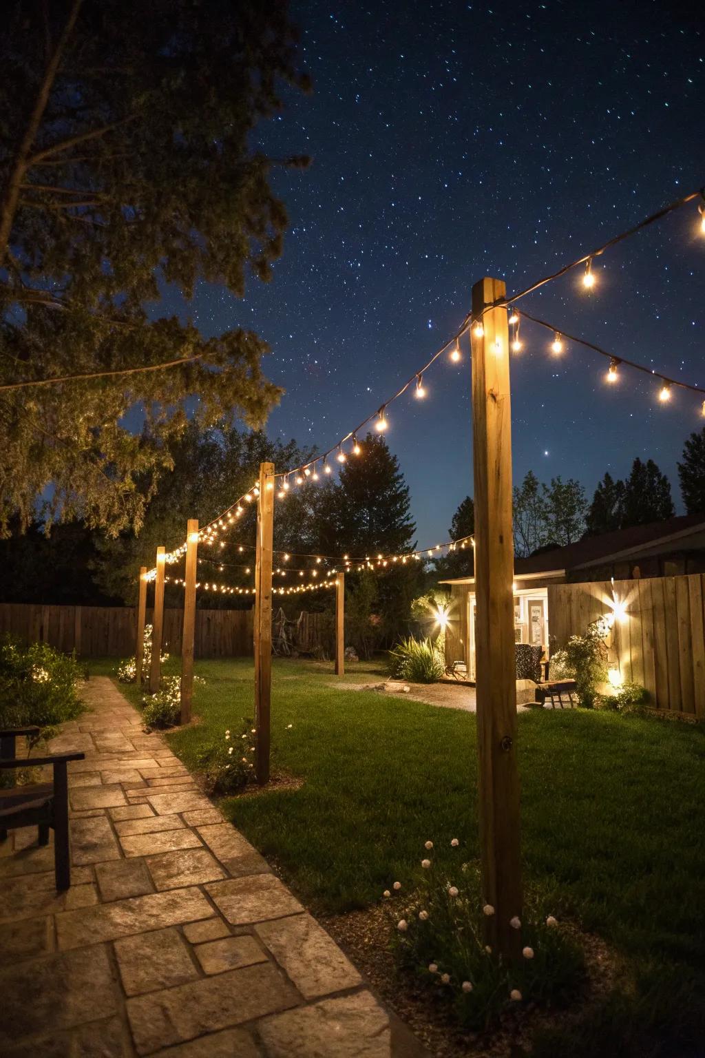 Weave magic into your garden with posts adorned with sparkling string lights.