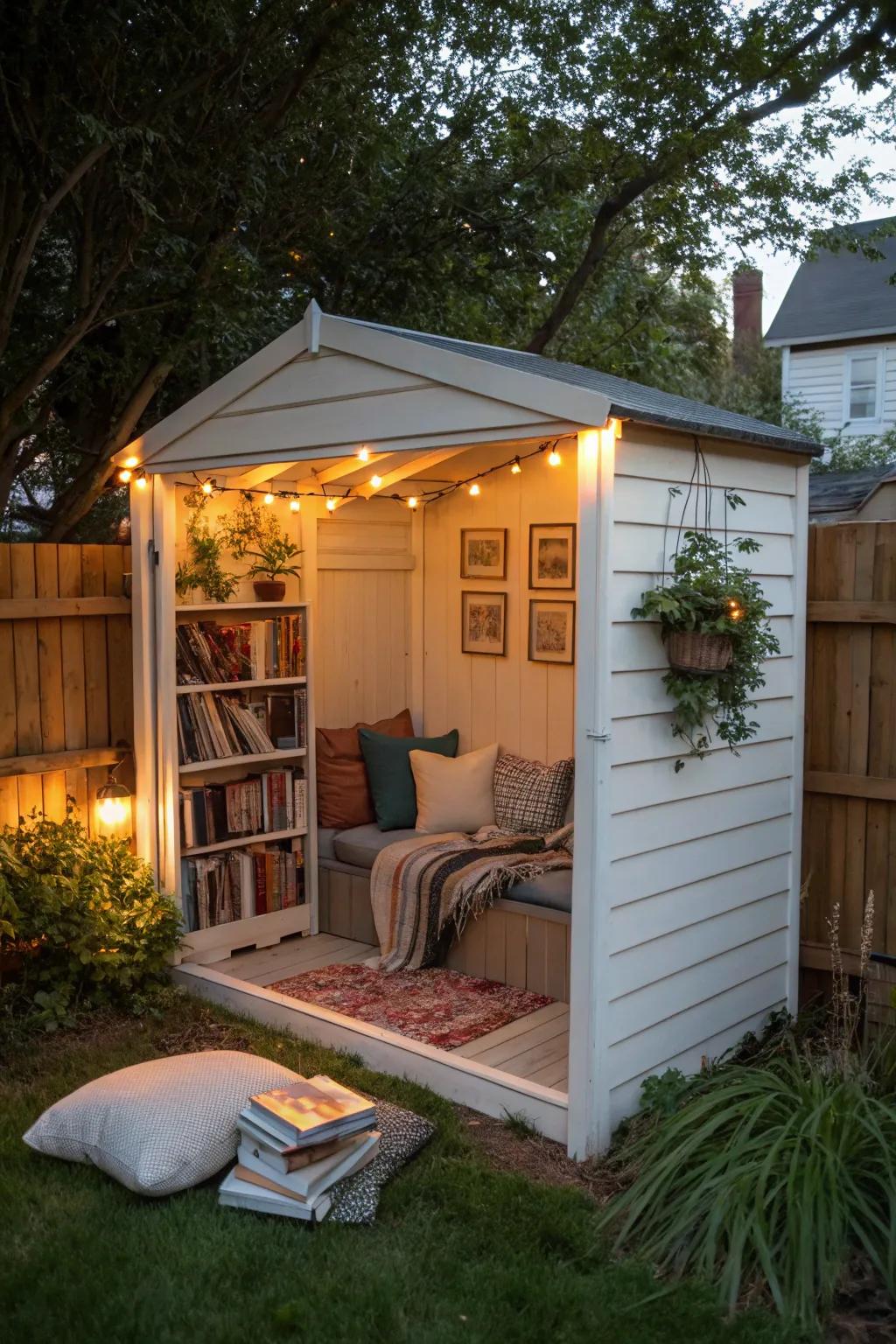 A converted shed into a cozy retreat for reading and relaxation.