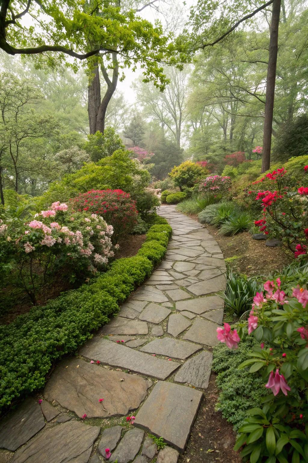 A stone pathway elegantly weaving through a lush green backyard.