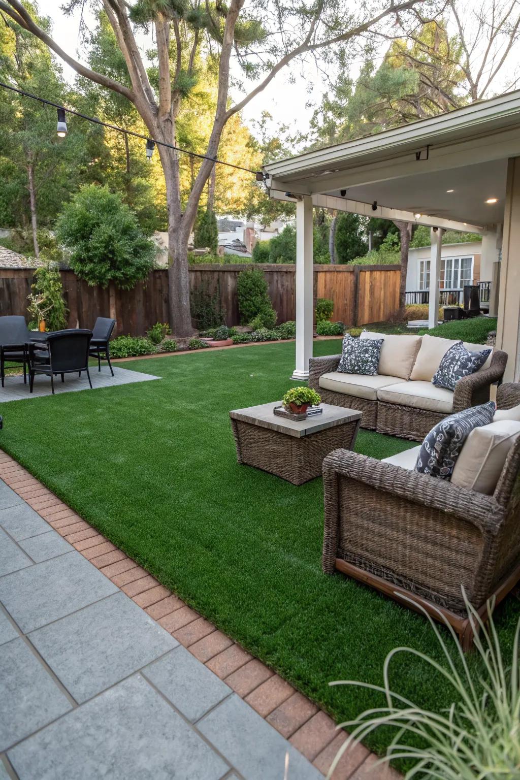 A patio that merges beautifully with rich artificial grass.