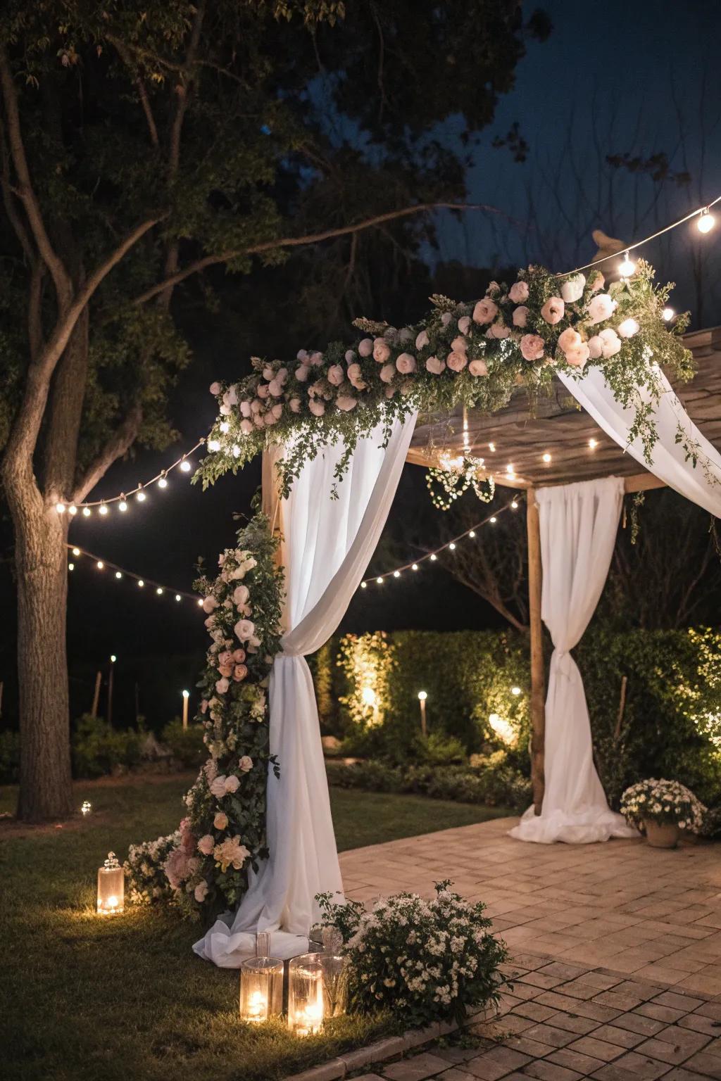 Twinkling lights craft a romantic setting for a backyard wedding beneath a starlit-like canopy.