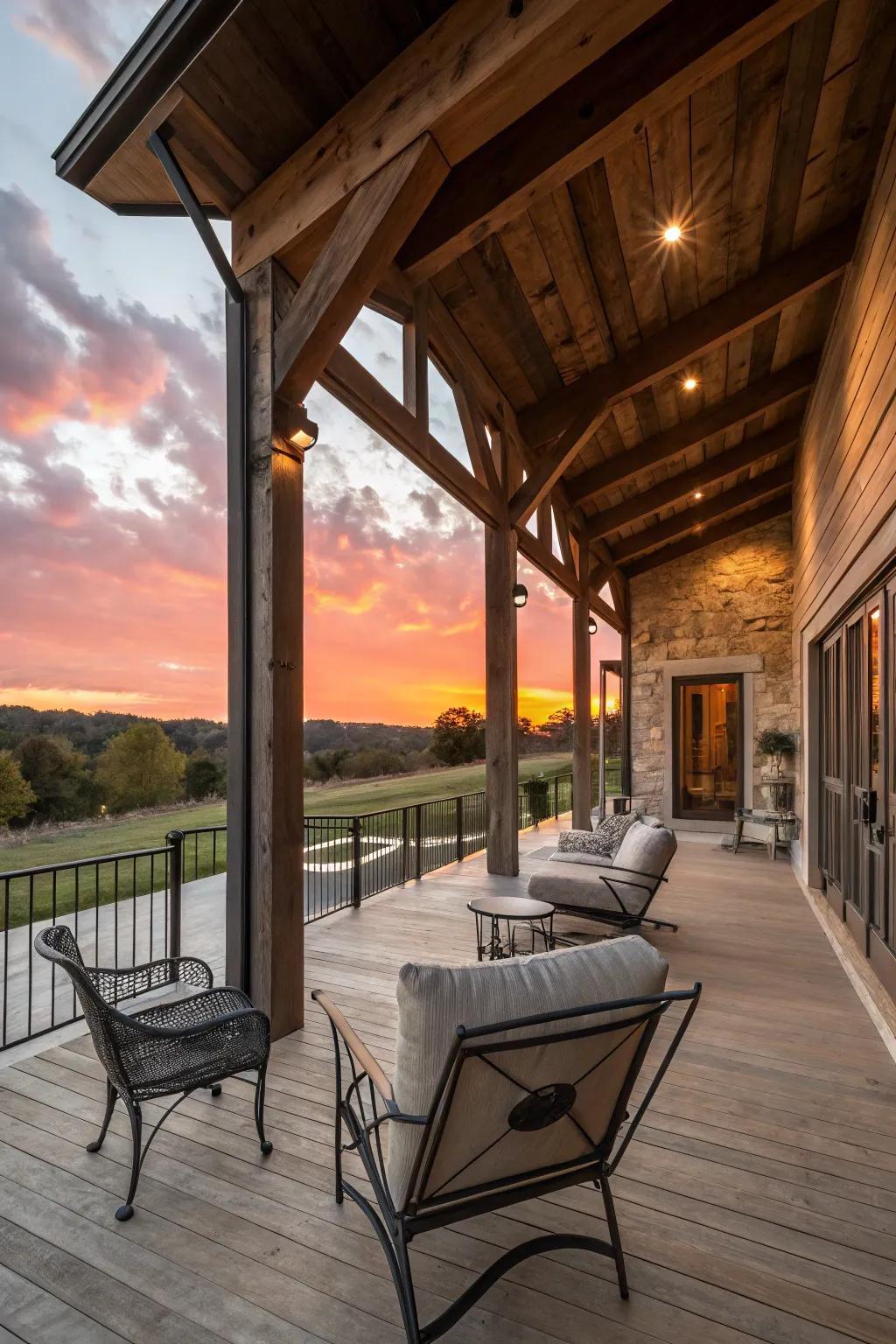 Blend rustic wood with modern metal for a unique porch style.