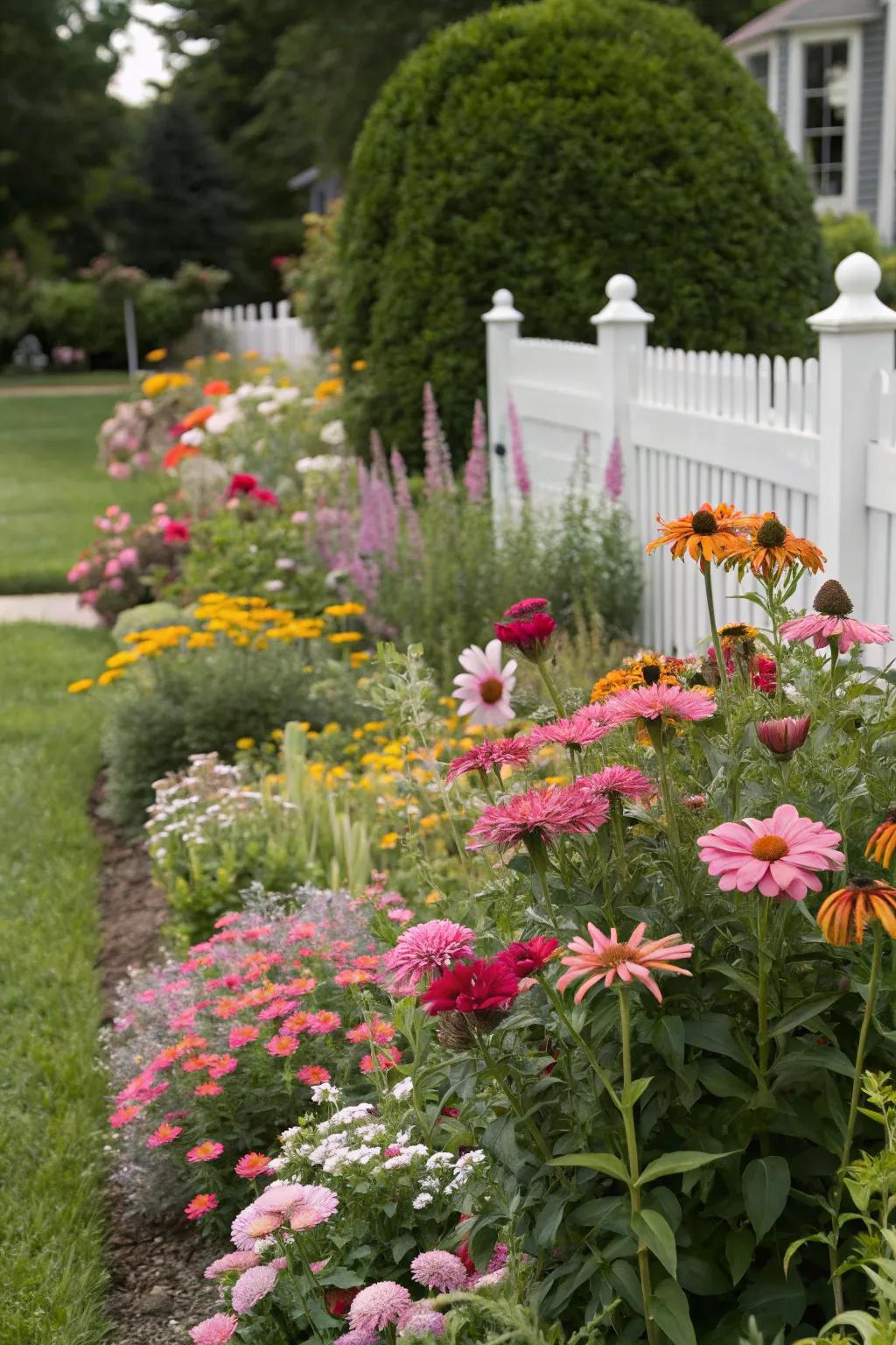 A vibrant flowerbed overflows with seasonal blooms.