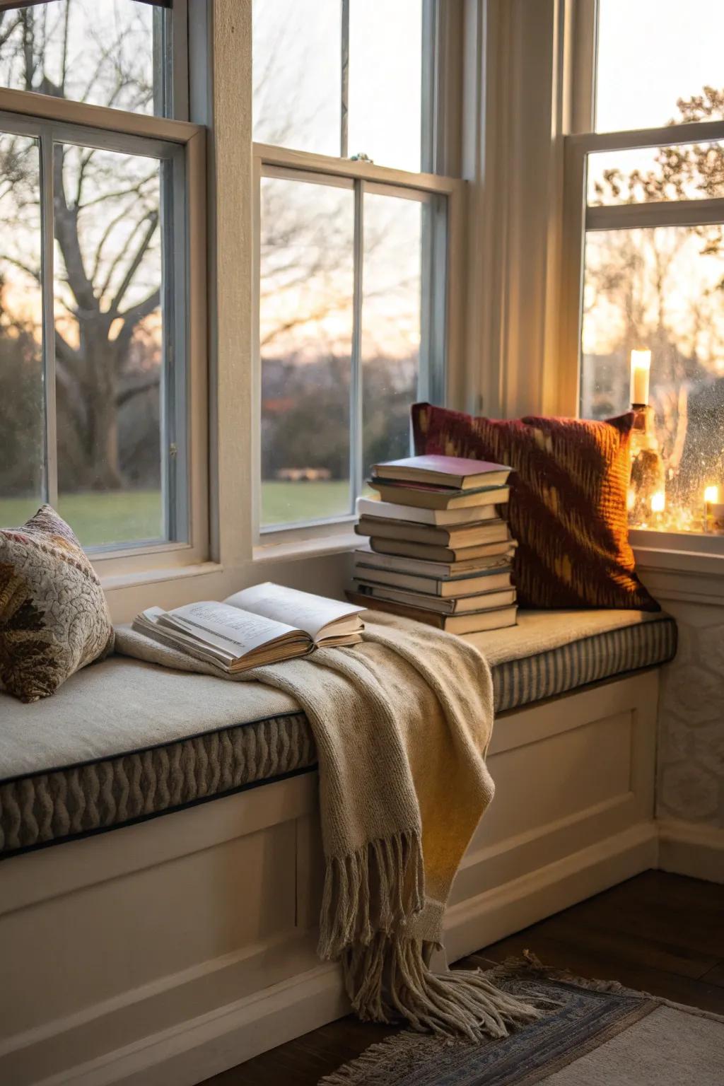A snug reading sanctuary framed by the bay window, perfect for every bibliophile.