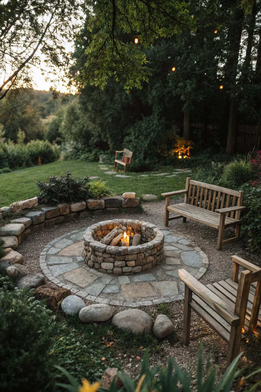 Traditional stone circle fire pit that adds rustic charm to any backyard.