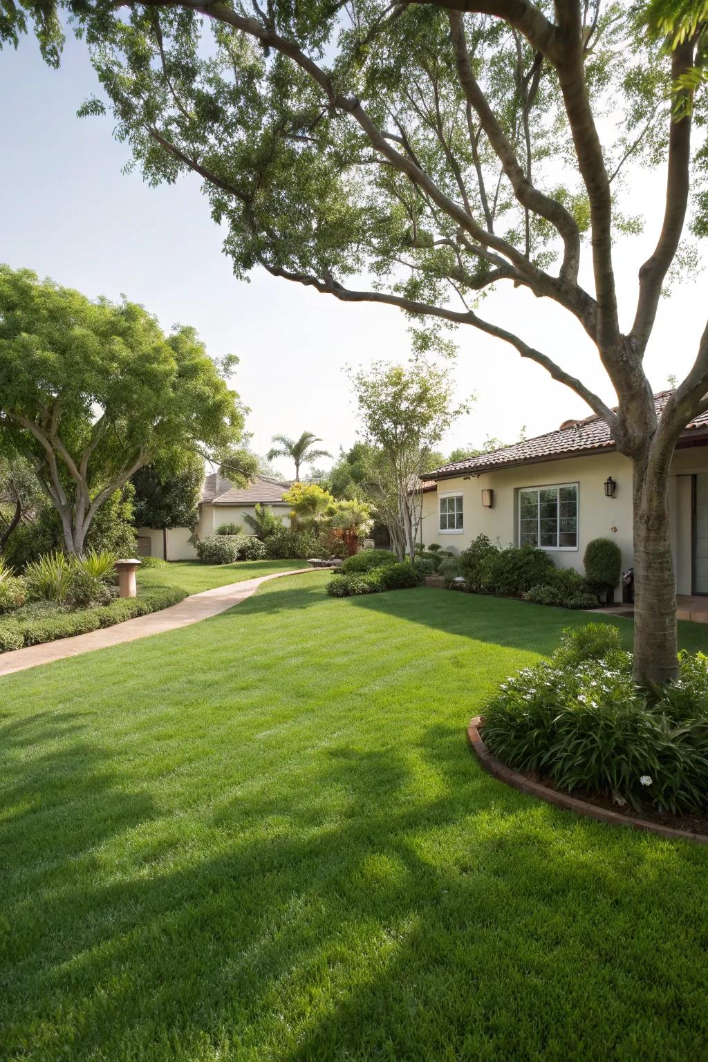 A vivid green lawn enhances the charm of the front garden.