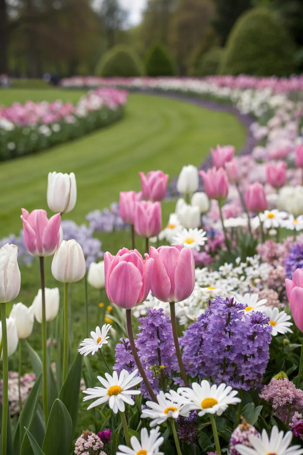 A lively flower patch showcasing a delightful blend of tulips, lilacs, and daisies.