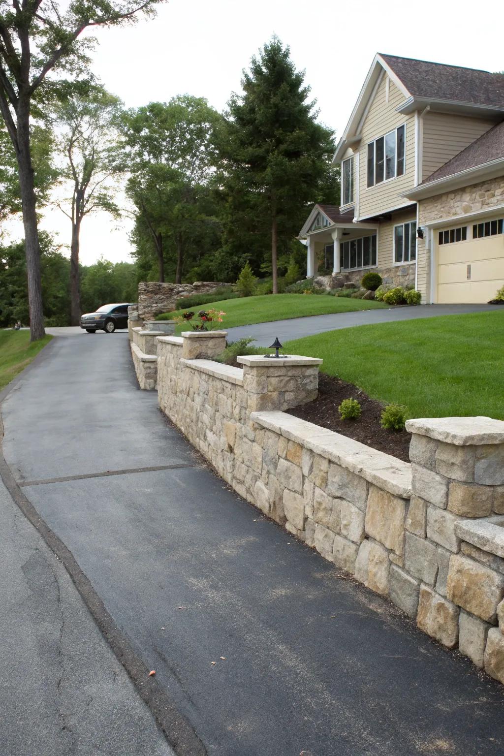 An elegantly designed driveway showcases support walls made of stone, enhancing elevation control.
