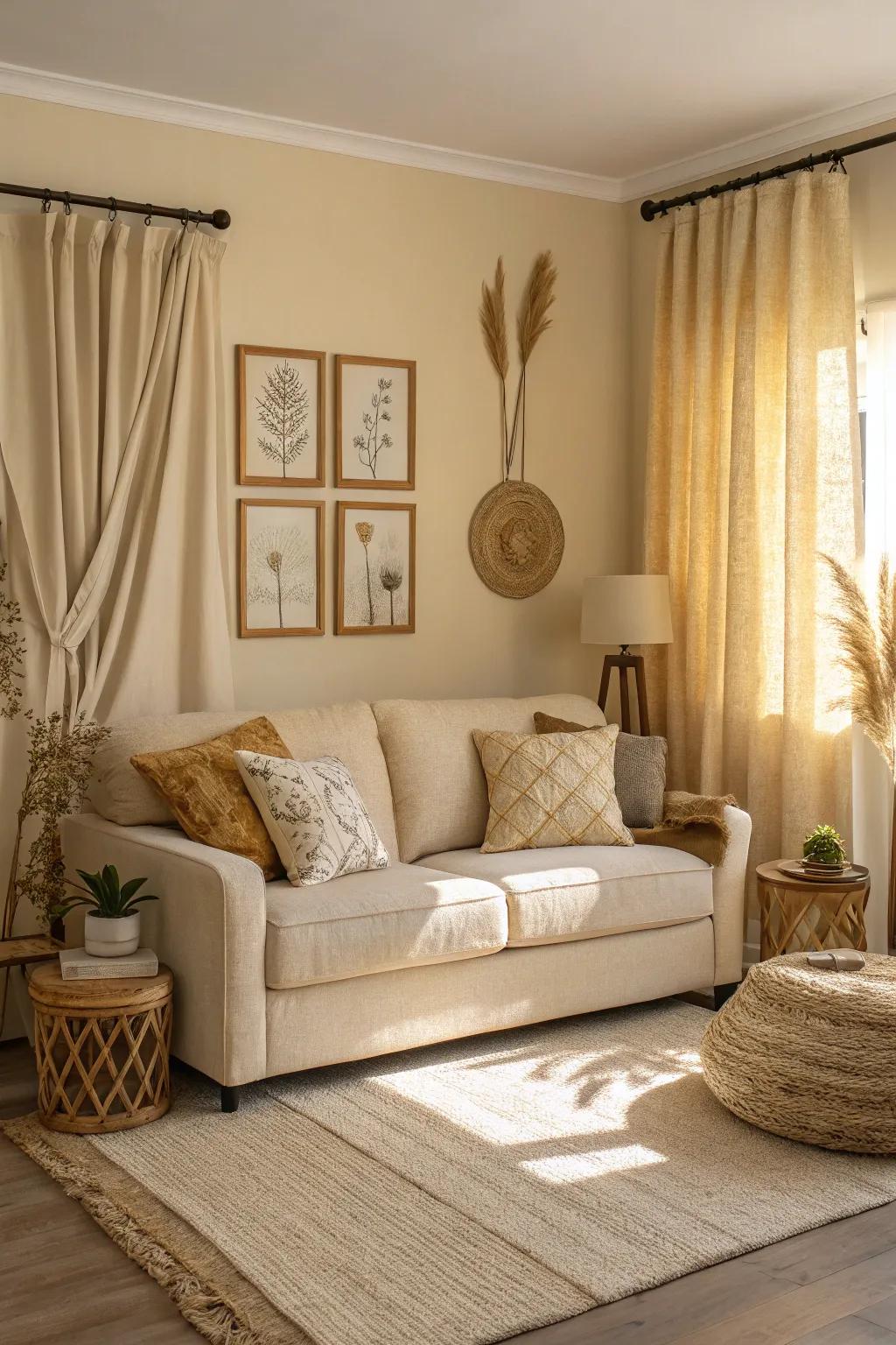 A unified monochromatic living space showcasing a wheat-toned sofa with matching tones.
