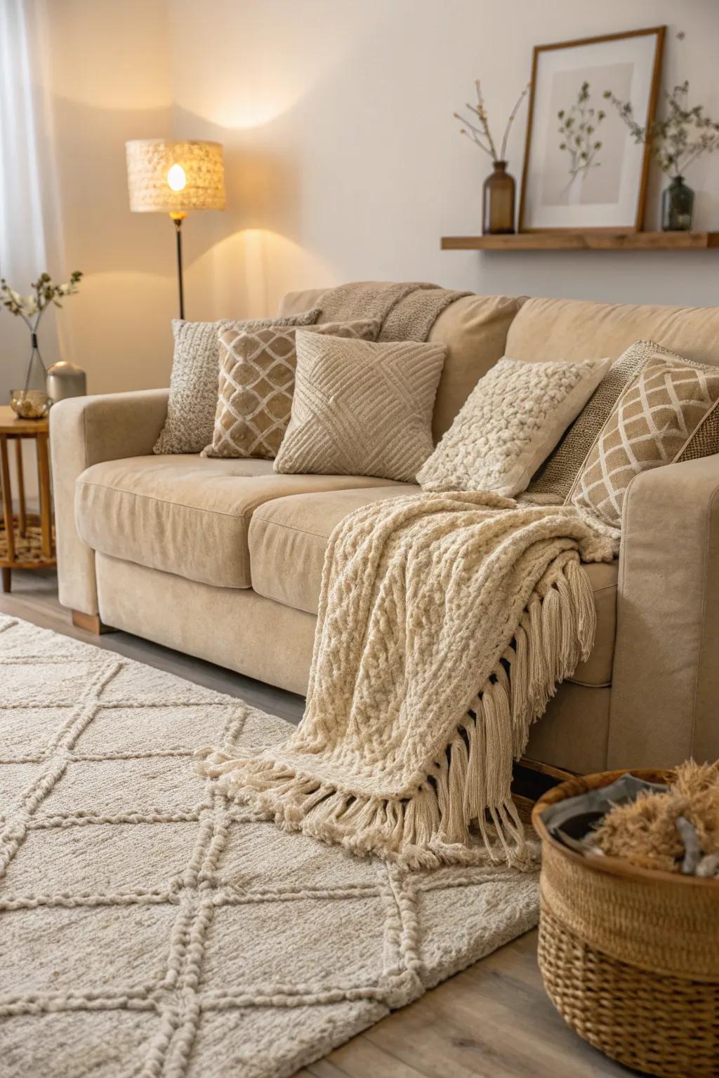 Texture enlivens any beige living room.