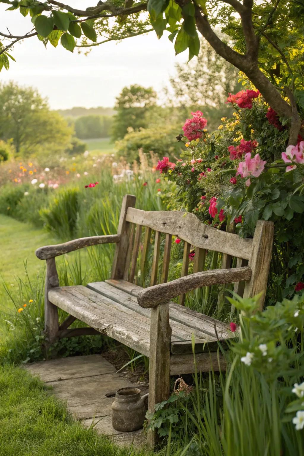 A rustic wooden bench adds natural charm to any garden.