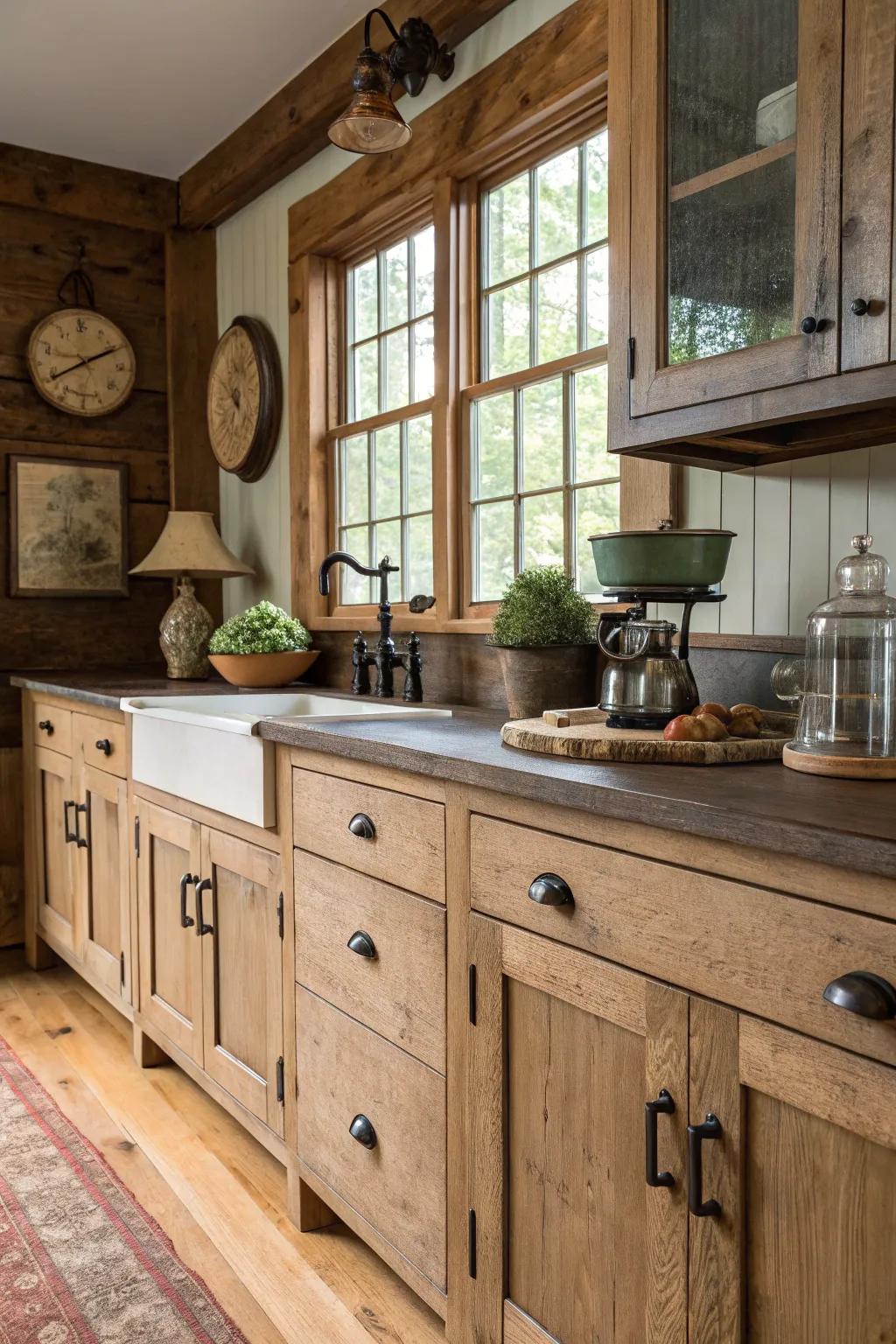 Oil-rubbed bronze cup pulls bring a rustic charm to shaker cabinets.