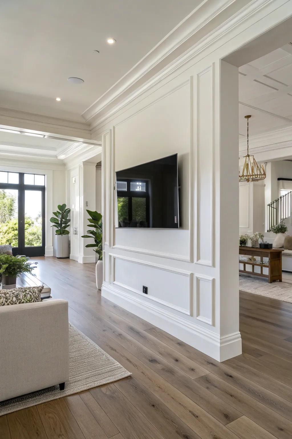 A wall-mounted TV enhances the sleekness of a modern living room.