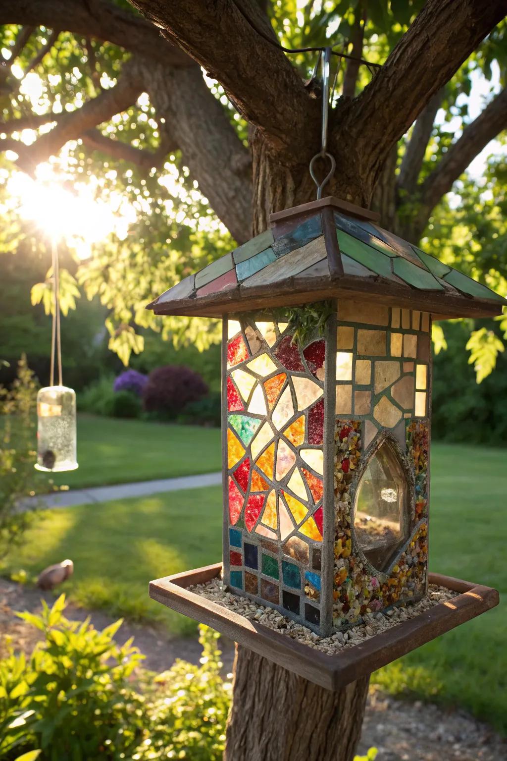 A dazzling mosaic bird feeder, perfect for adding artistic flair to any garden.