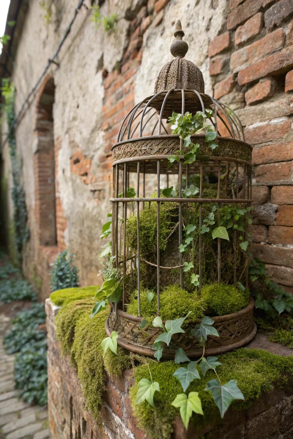 A rustic birdcage planter filled with ivy and moss creates an enchanting garden focal point.