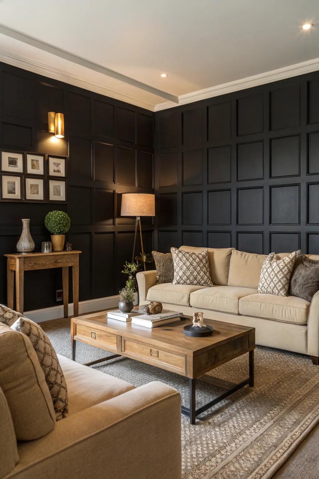 A bold black accent wall adds depth to this cozy living room.