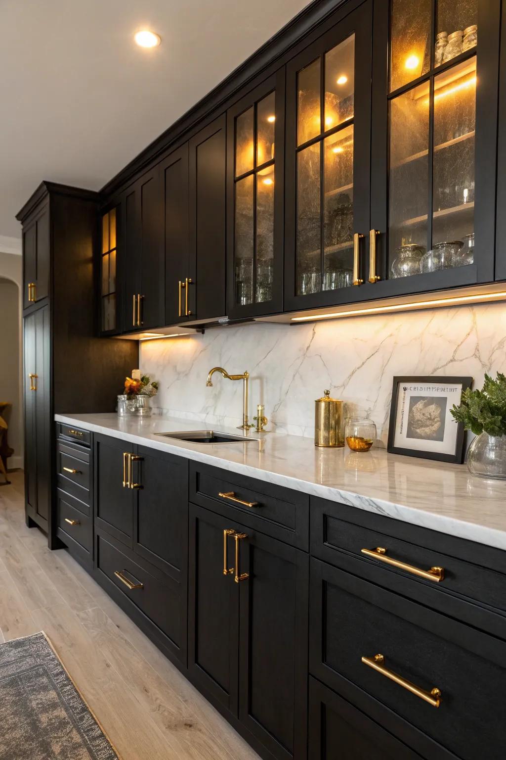 Black cabinets with gold handles create a dramatic and elegant look.