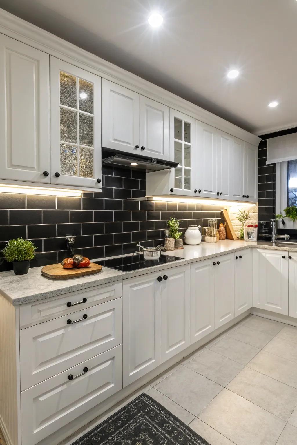 A kitchen showcasing the powerful contrast between a black backsplash and bright white cabinets.