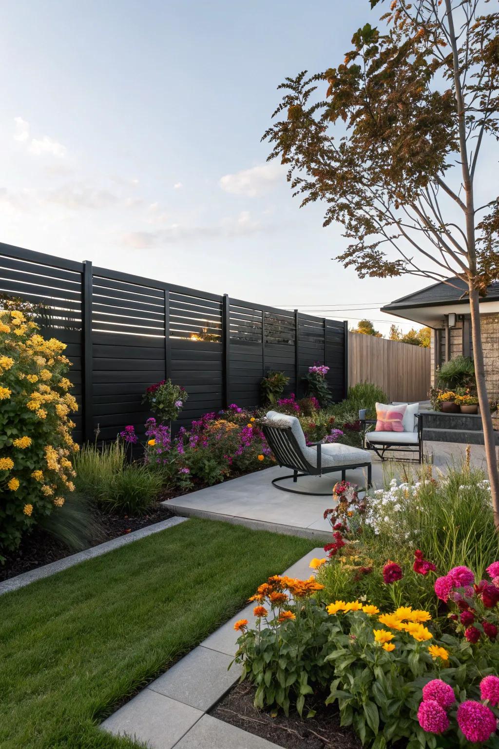 A refined black fence with horizontal lines creates a stunning scene with vibrant garden flowers.