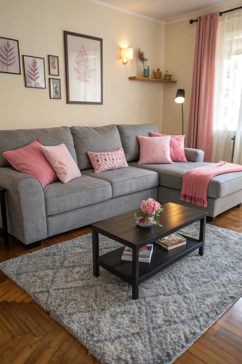 A grey sectional paired with pink cushions crafts an inviting, balanced setting.
