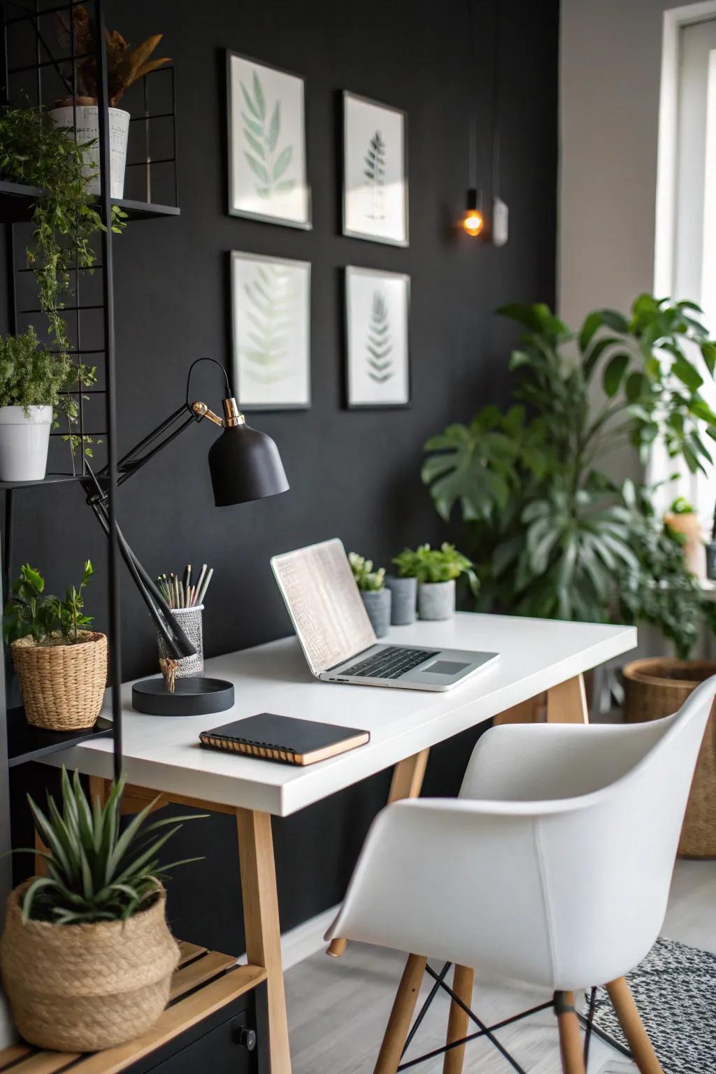 A home office with rich black walls creating a cozy workspace.