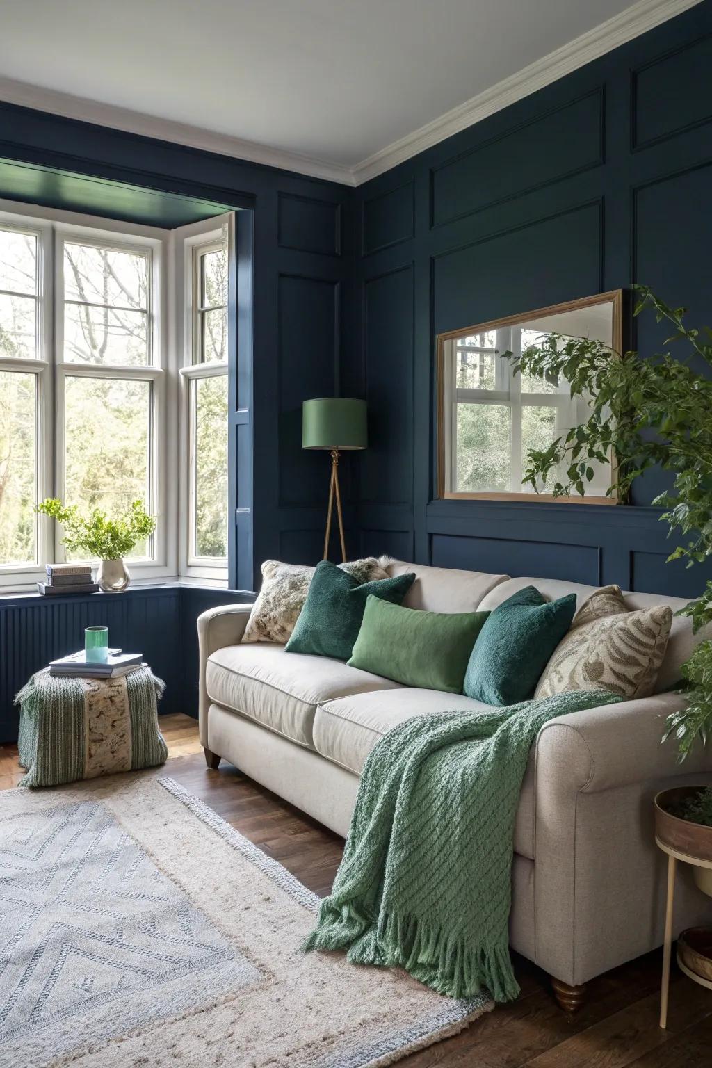 Navy blue walls establish a serene and fashionable living space.