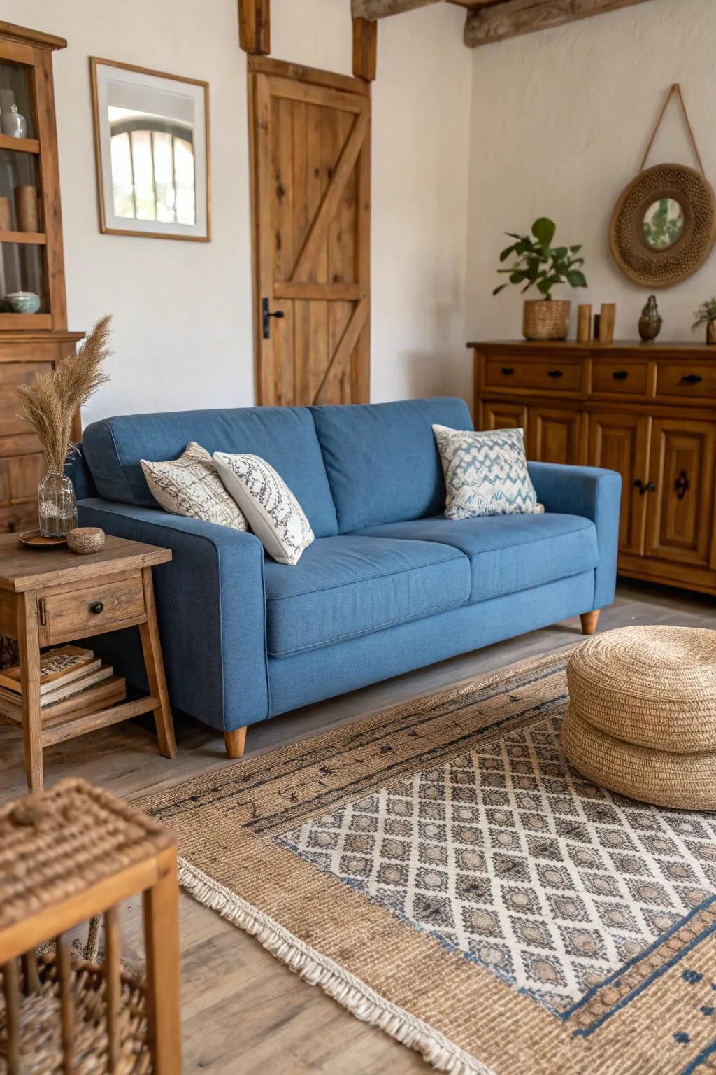 Natural textures complement the calming blue tones of the couch.