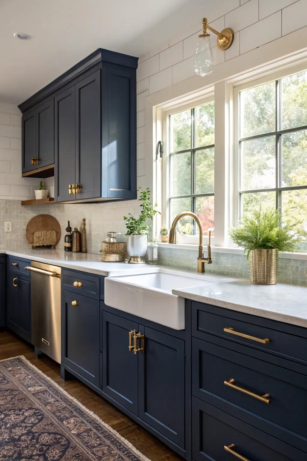 Refined deep sea blue cupboards combined with shimmering gold hardware for an opulent appearance.