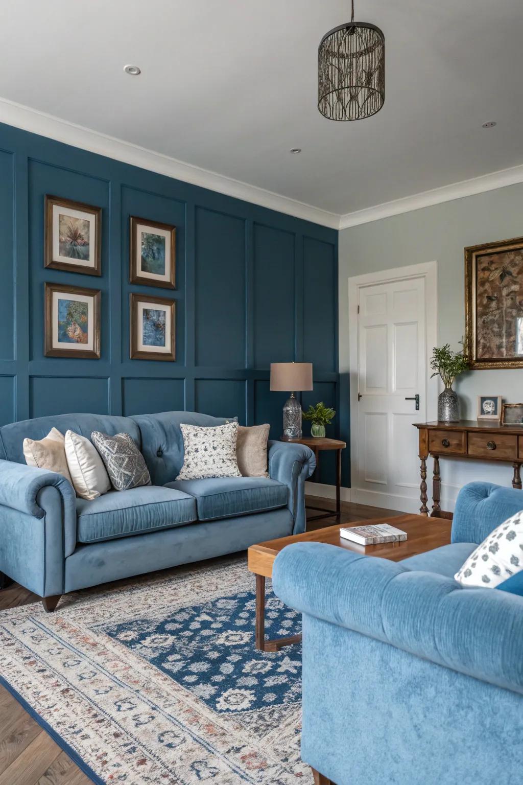 The graceful interplay of light and dark blues enriches the depth of this living space.