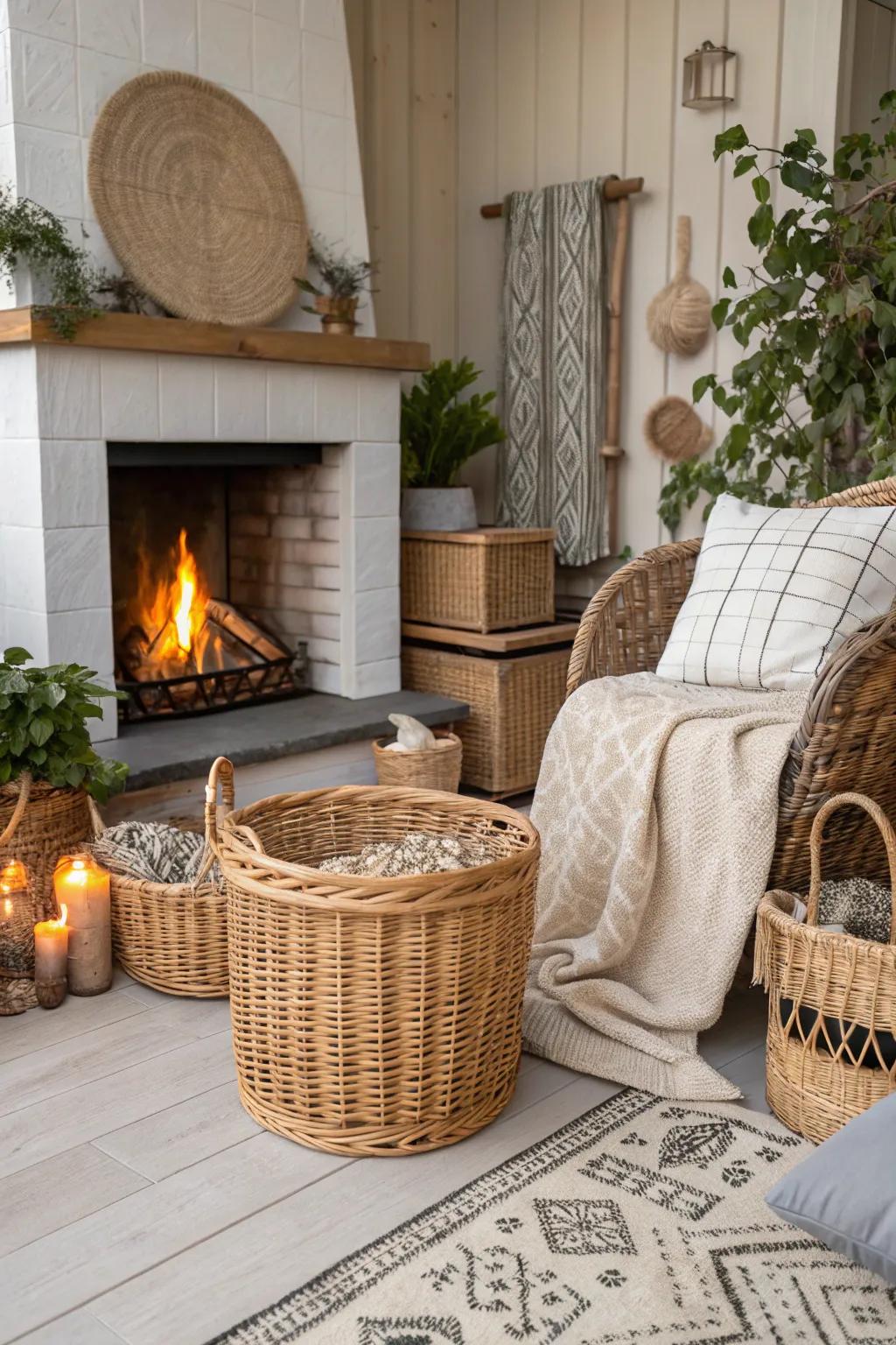 A fireplace decorated with willow weave containers and palm leaf decor, creating a natural bohemian design.
