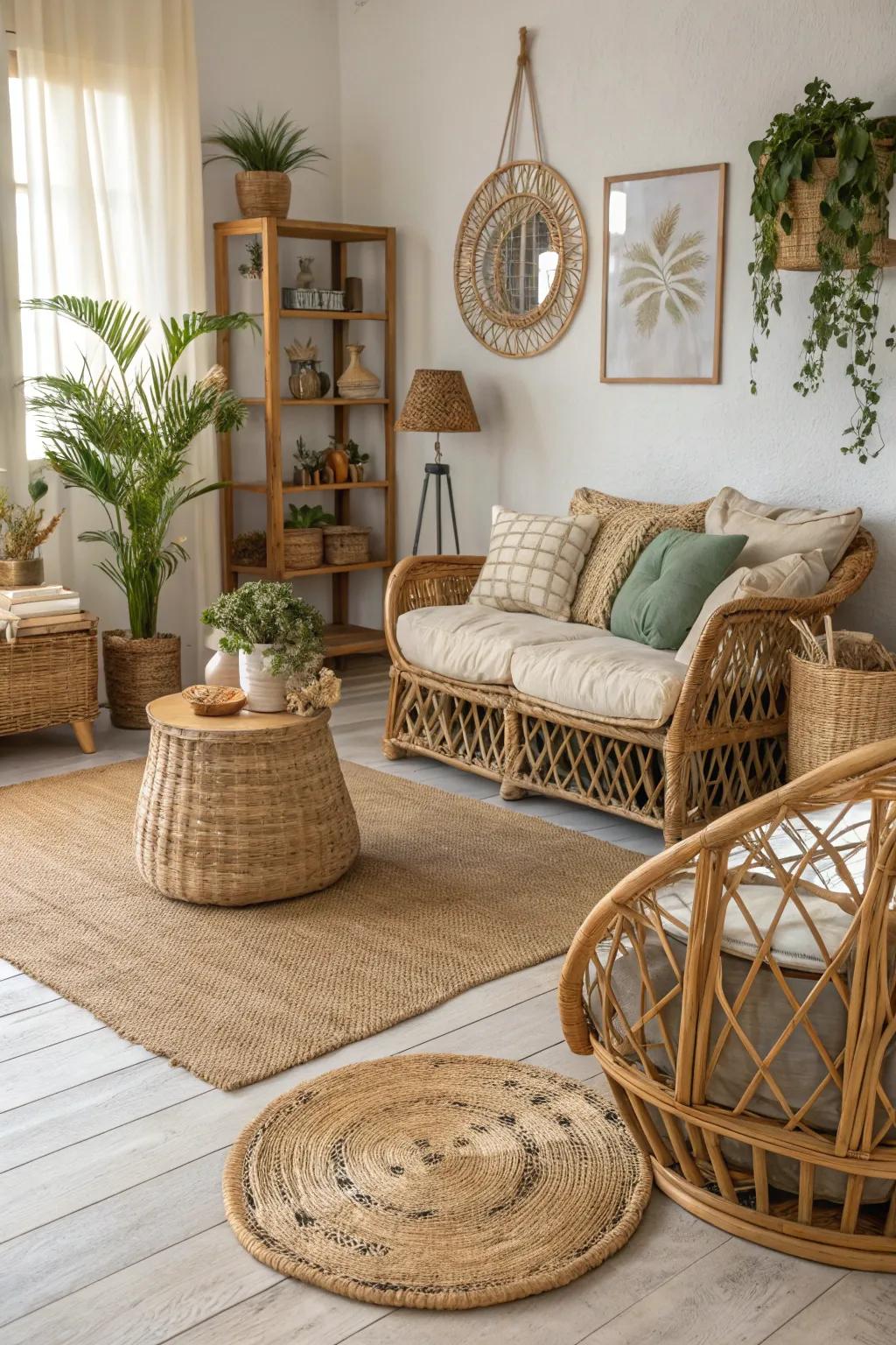 Earthy textures fashion a tranquil and grounded bohemian living space.
