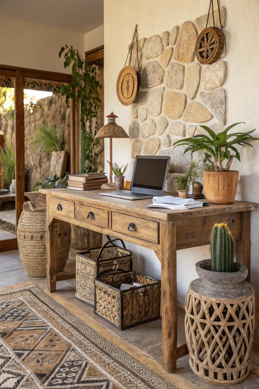 A boho office brightened by natural elements, including wood and plants.