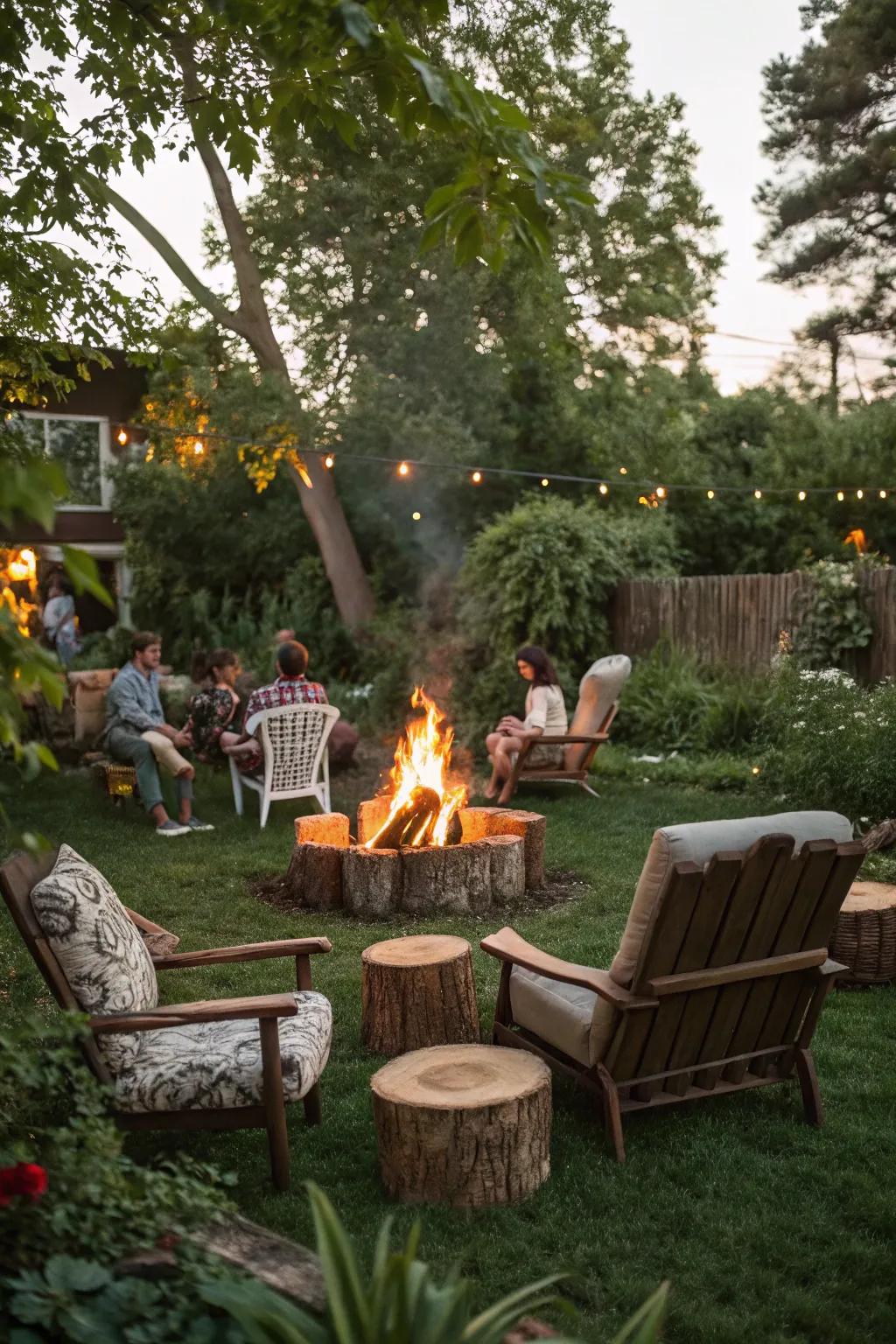 A rustic seating arrangement around a bonfire.
