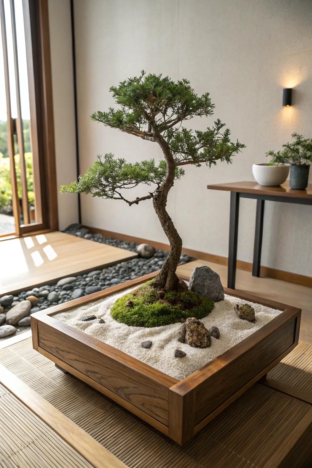 Bonsai tree in a tranquil miniature Zen garden setting