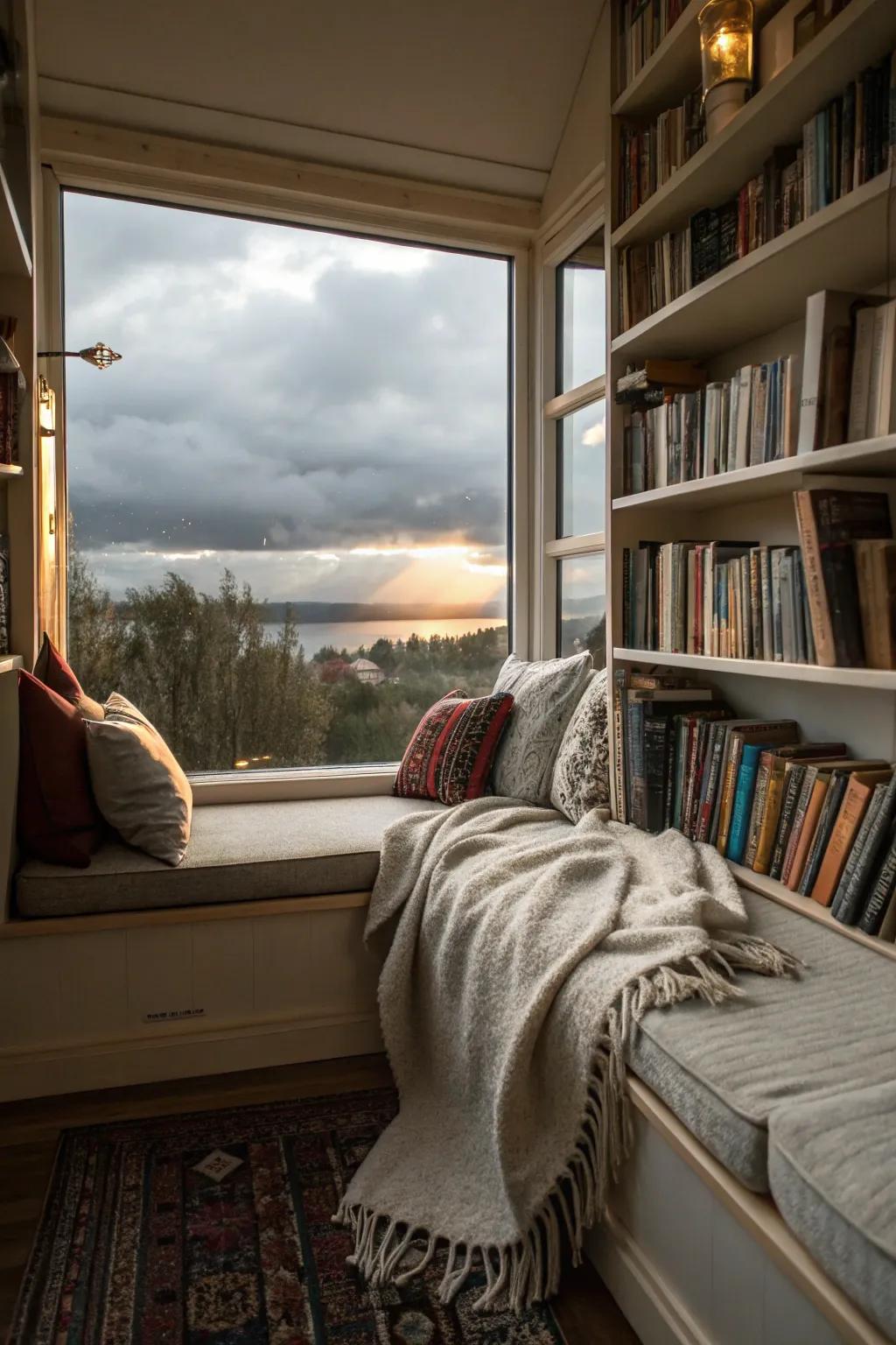 A window seat book nook showcasing scenic vistas and captivating decor.