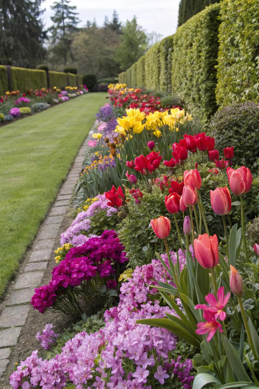 A colorful garden border with tulips, azaleas, and petunias.