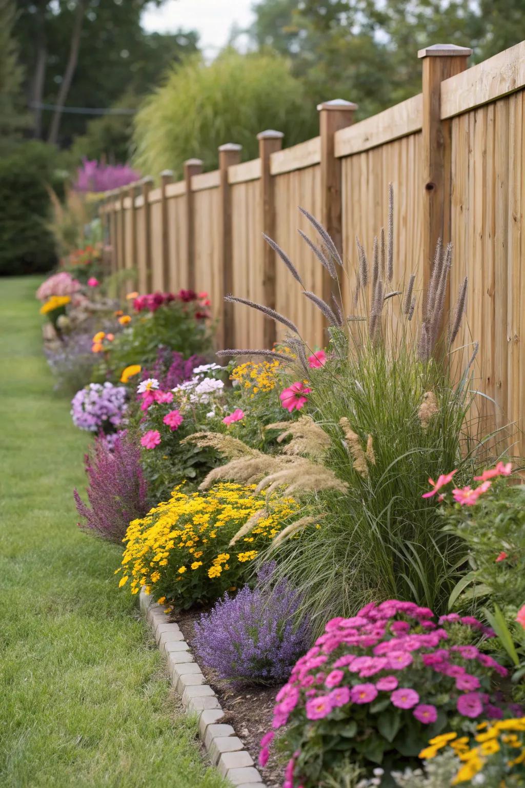 A vibrant mini garden can transform the base of a fence.