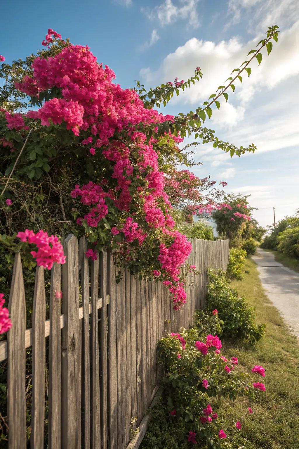 A wooden fence transformed into a vibrant spectacle with bougainvillea.