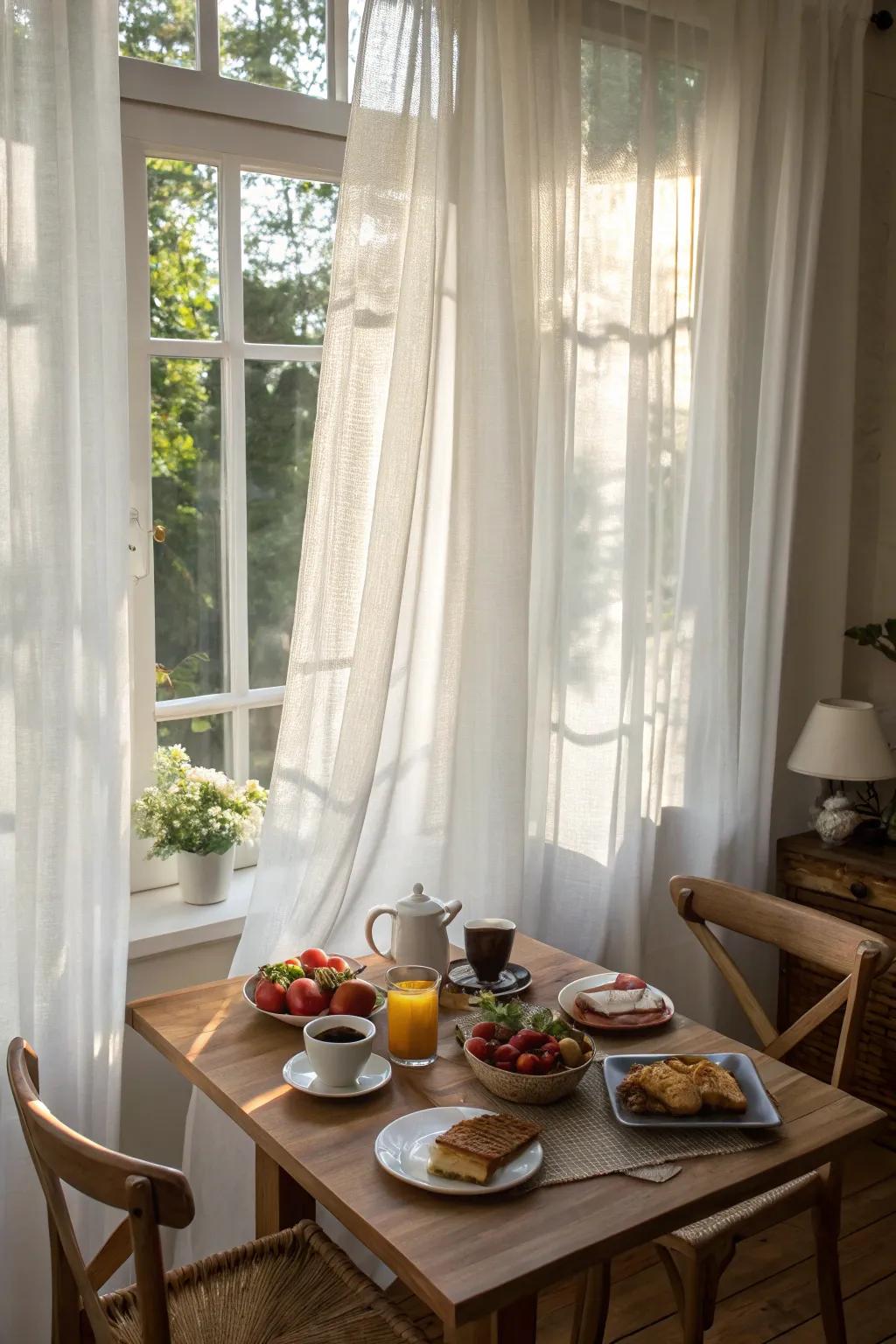 Sheer curtains allow soft light to brighten your breakfast nook.
