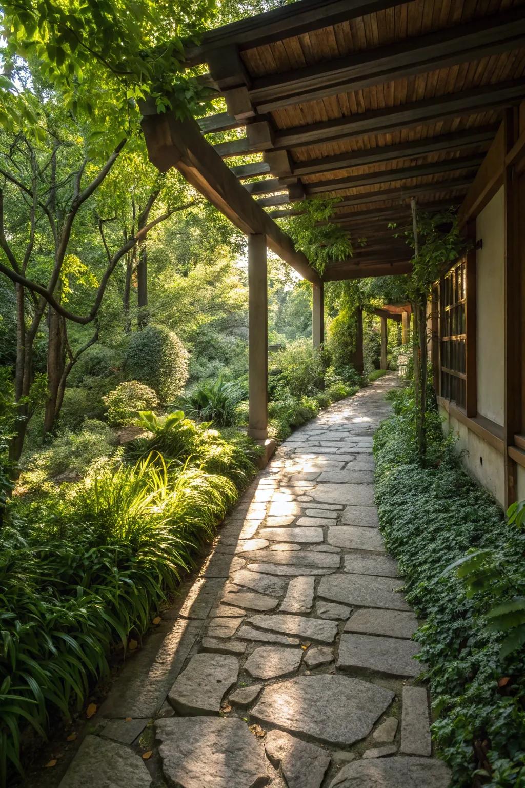 A charming stone pathway that adds a rustic touch to the breezeway.