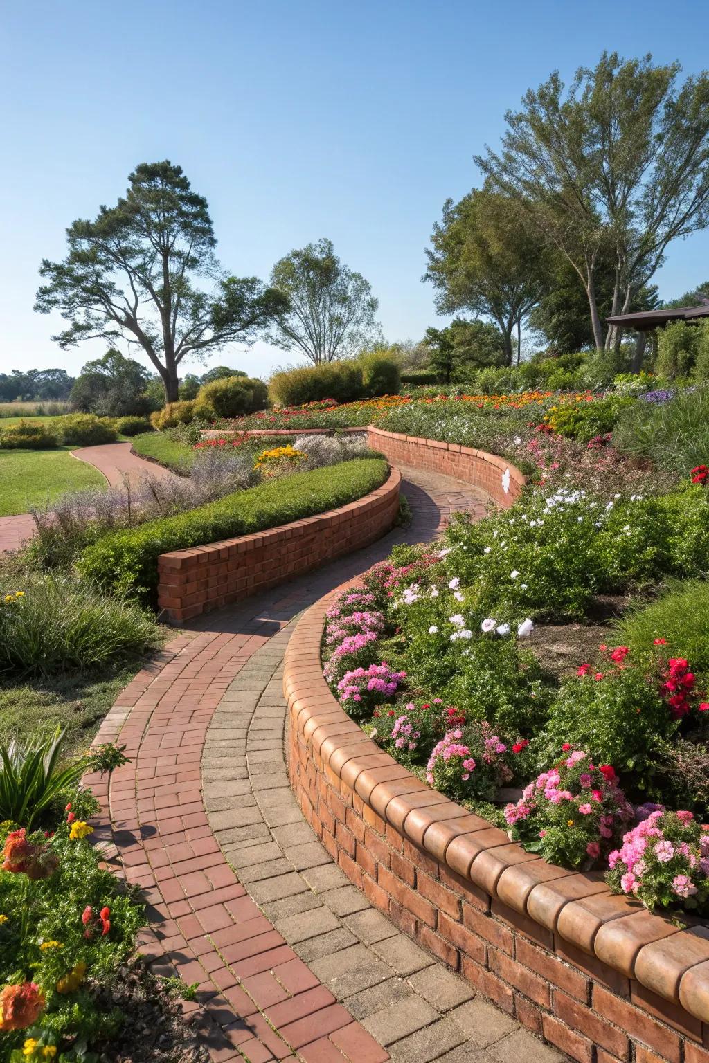 Winding brick perimeters infuse grace and rhythm into any garden.
