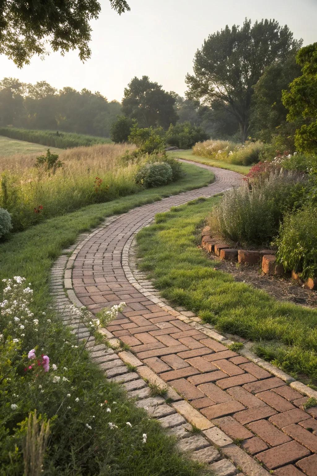 Explore the beauty of nature with this inviting curved brick path that adds a touch of elegance to any garden.