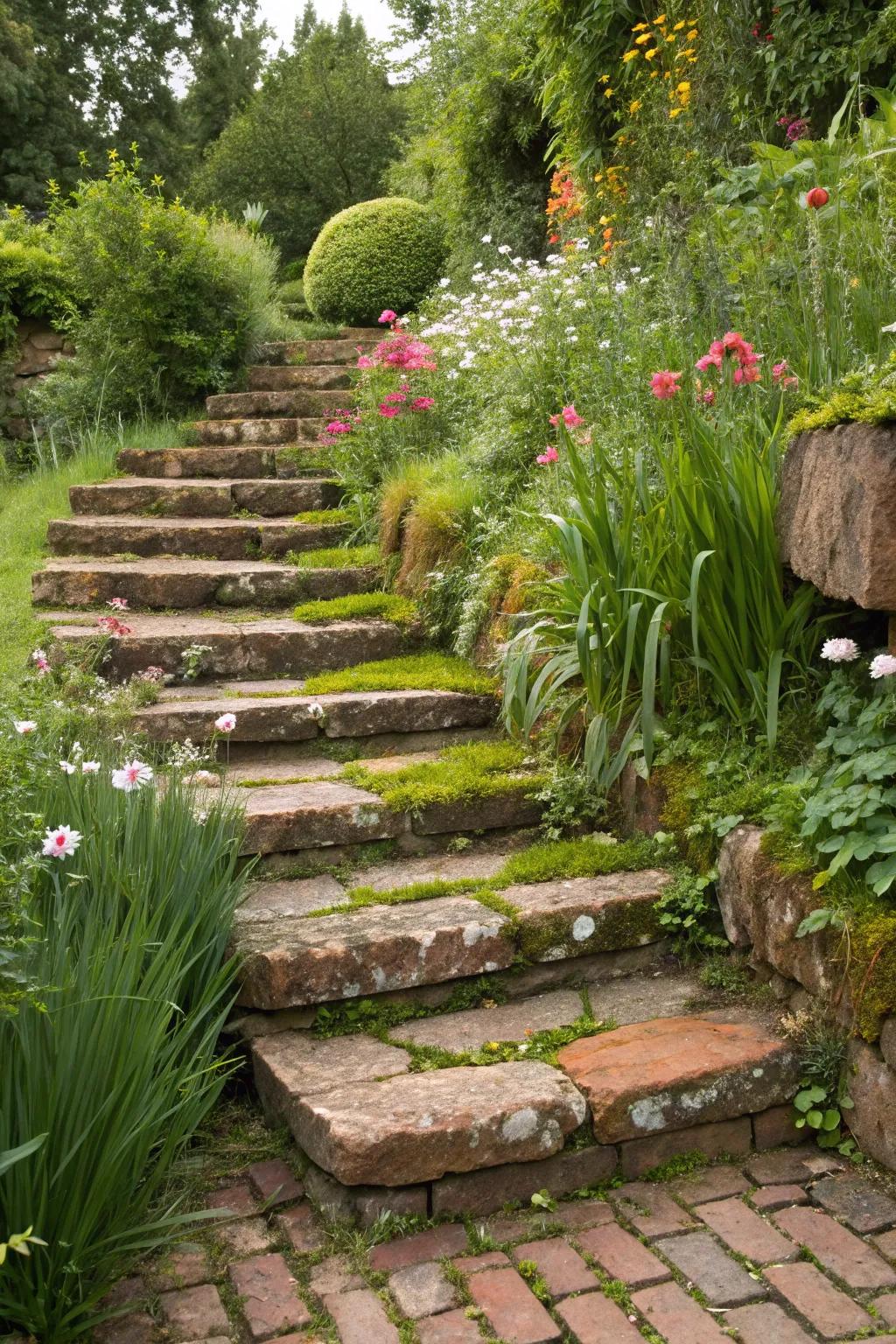 Brick steps weaving through a lush garden landscape.