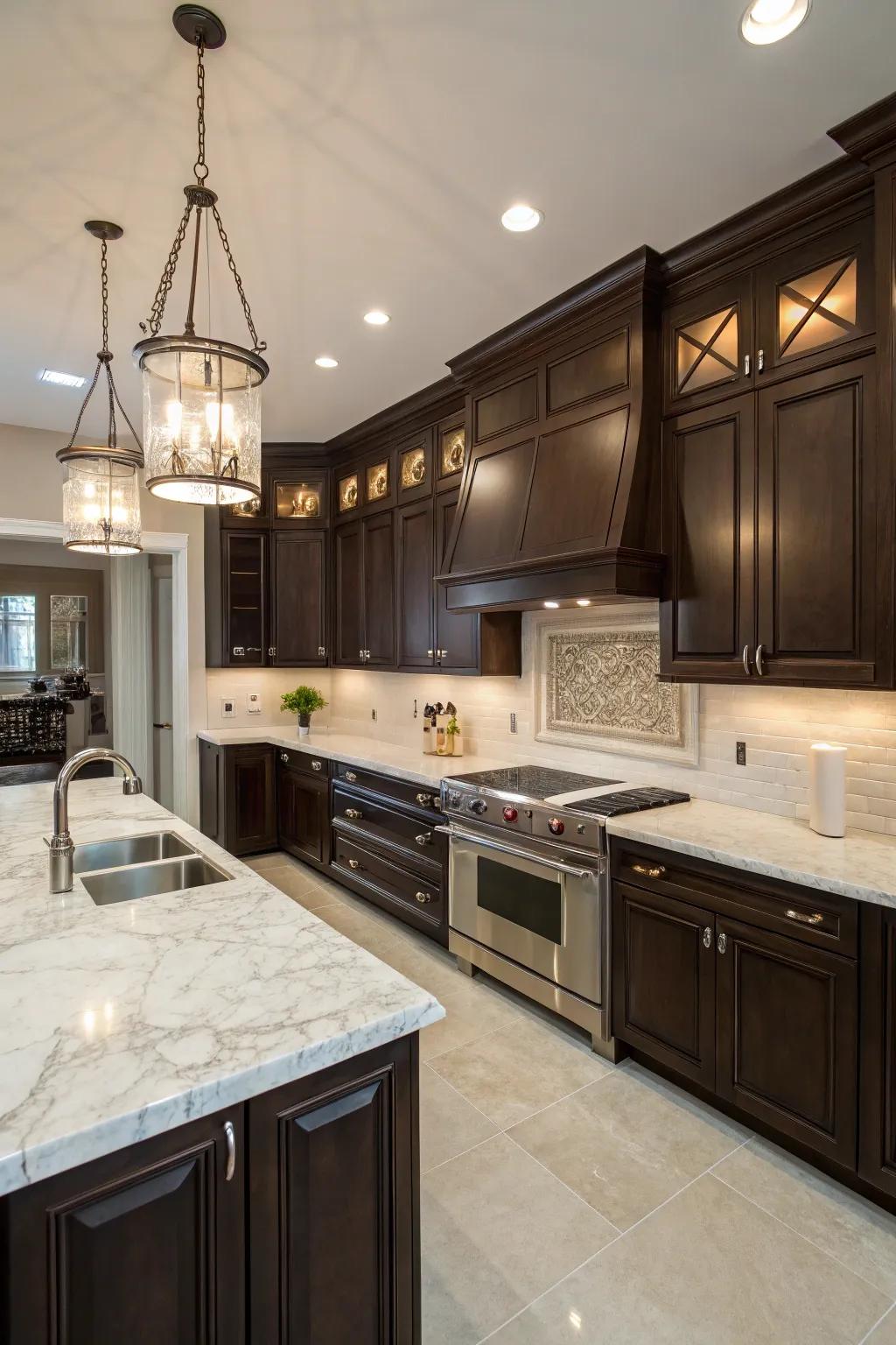 Deep brown cabinets contrasted with light countertops for a classic aesthetic.