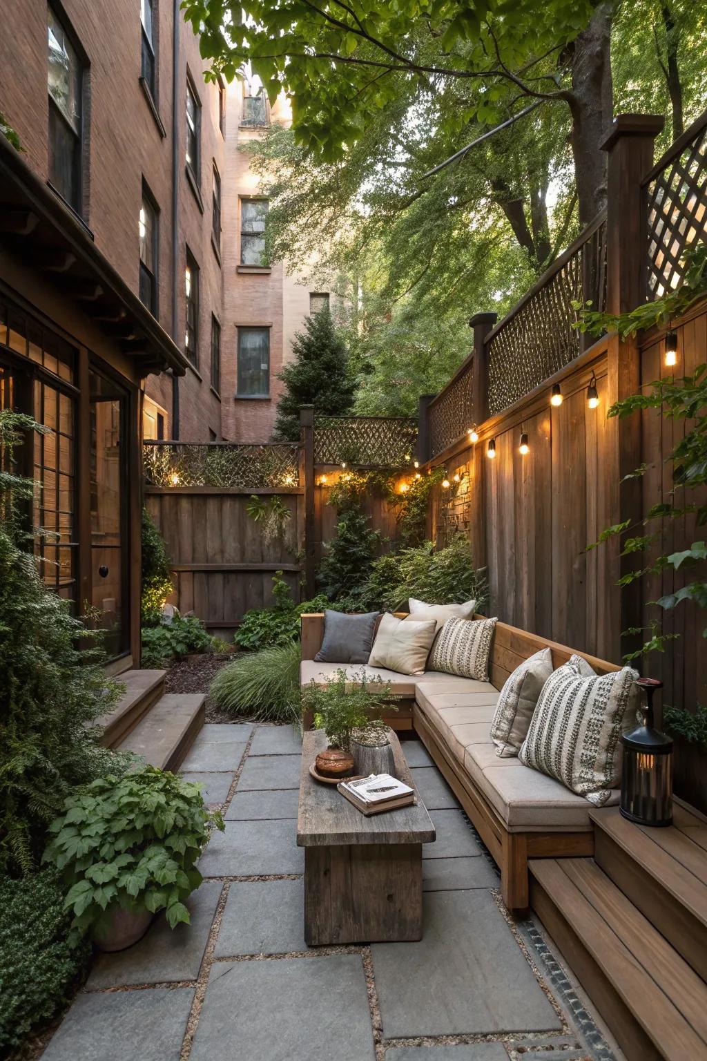 An inviting seating nook offers a relaxing atmosphere in this brownstone backyard.